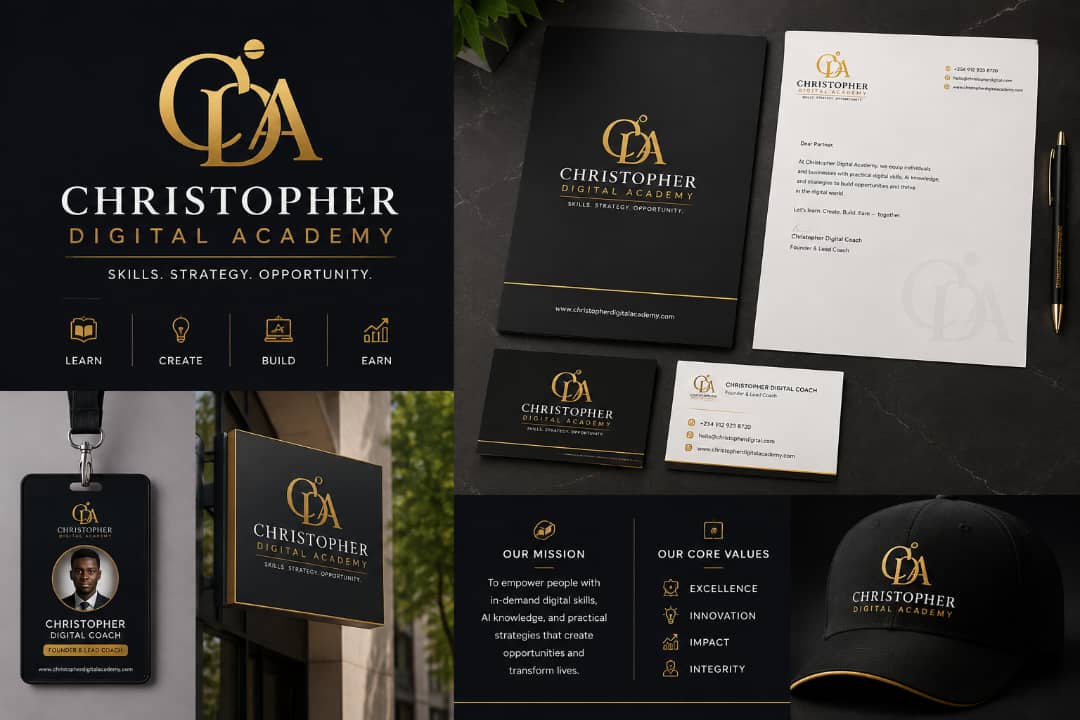 Christopher Digital Academy identity shown across stationery, signage, an ID card and branded clothing